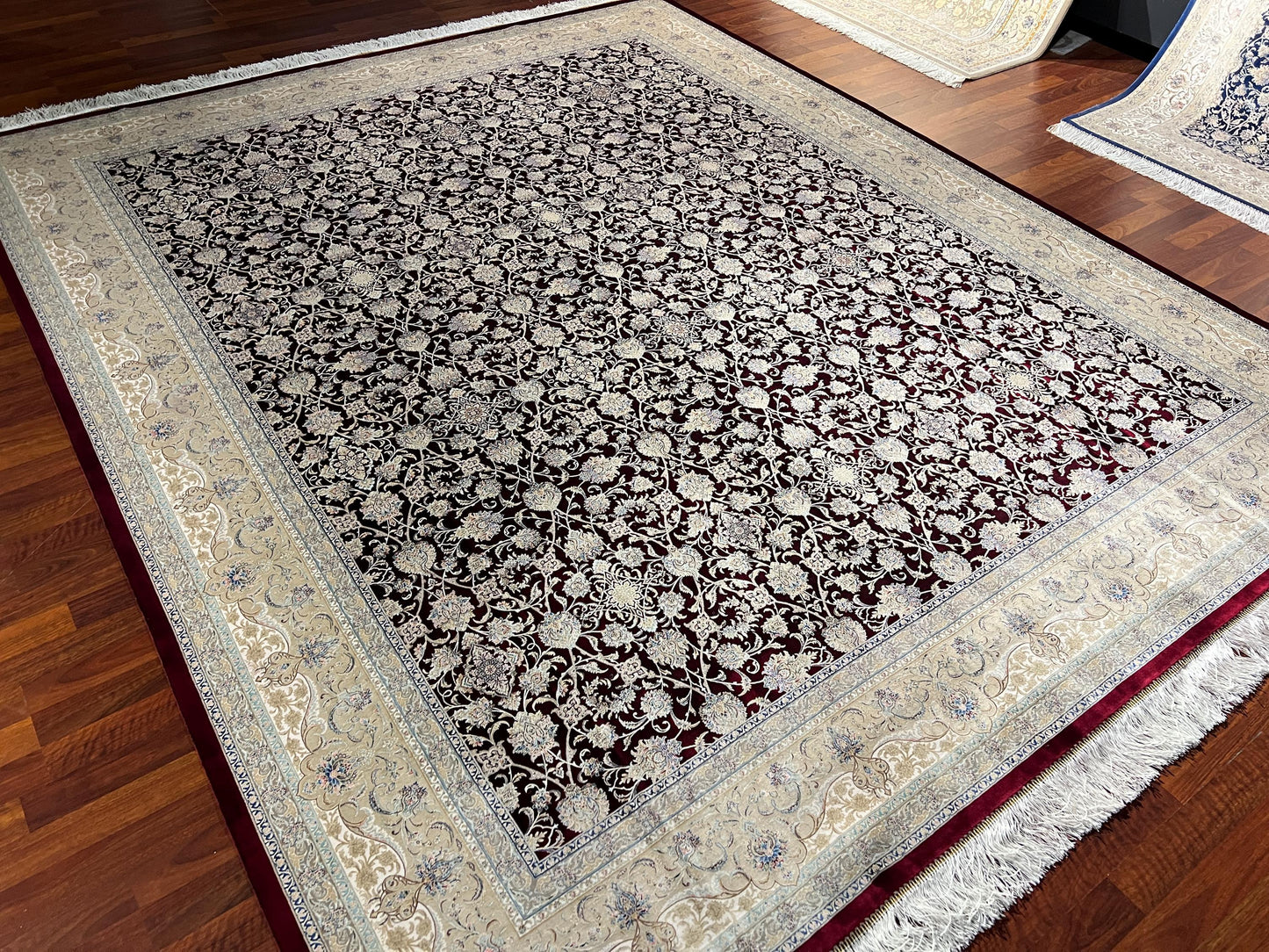 8x12 Red Gold Floral Rug, Burgundy Ivory Area Rug, Acrylic Modal Silk Living Room Rug