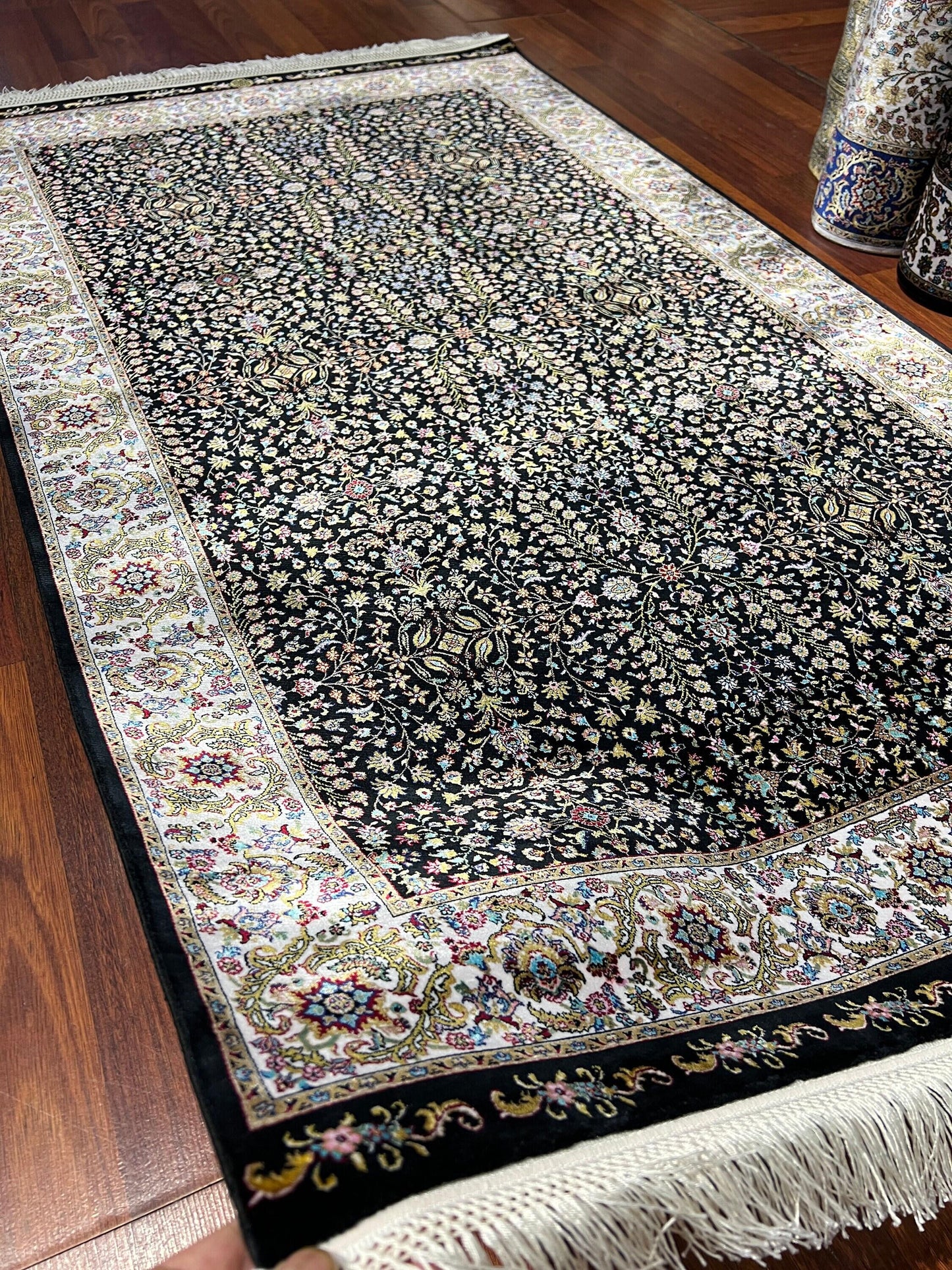 3x5 Black Floral Bamboo Silk Rug, Turkish Garden Rug, Luxury Accent Carpet