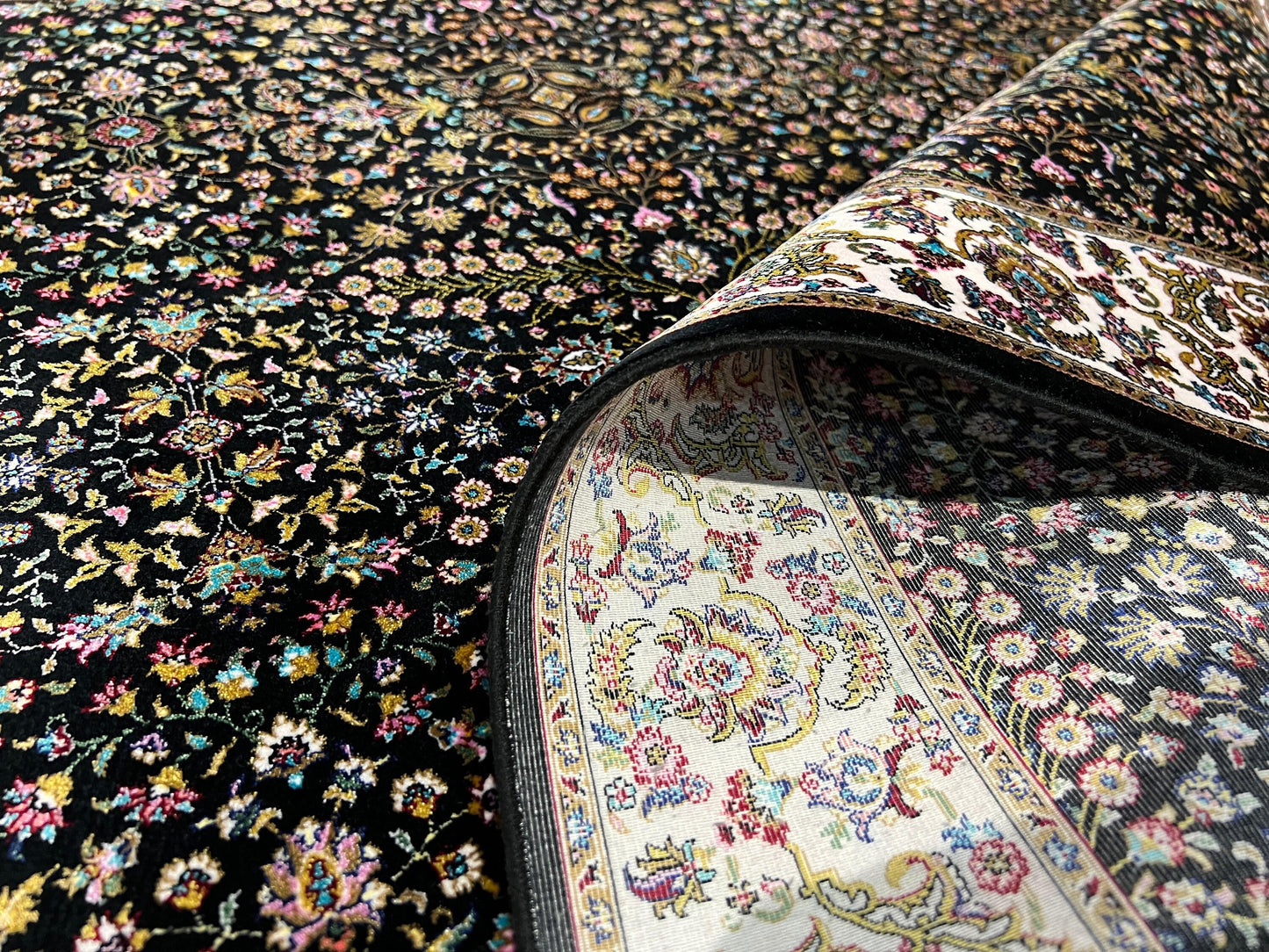 3x5 Black Floral Bamboo Silk Rug, Turkish Garden Rug, Luxury Accent Carpet