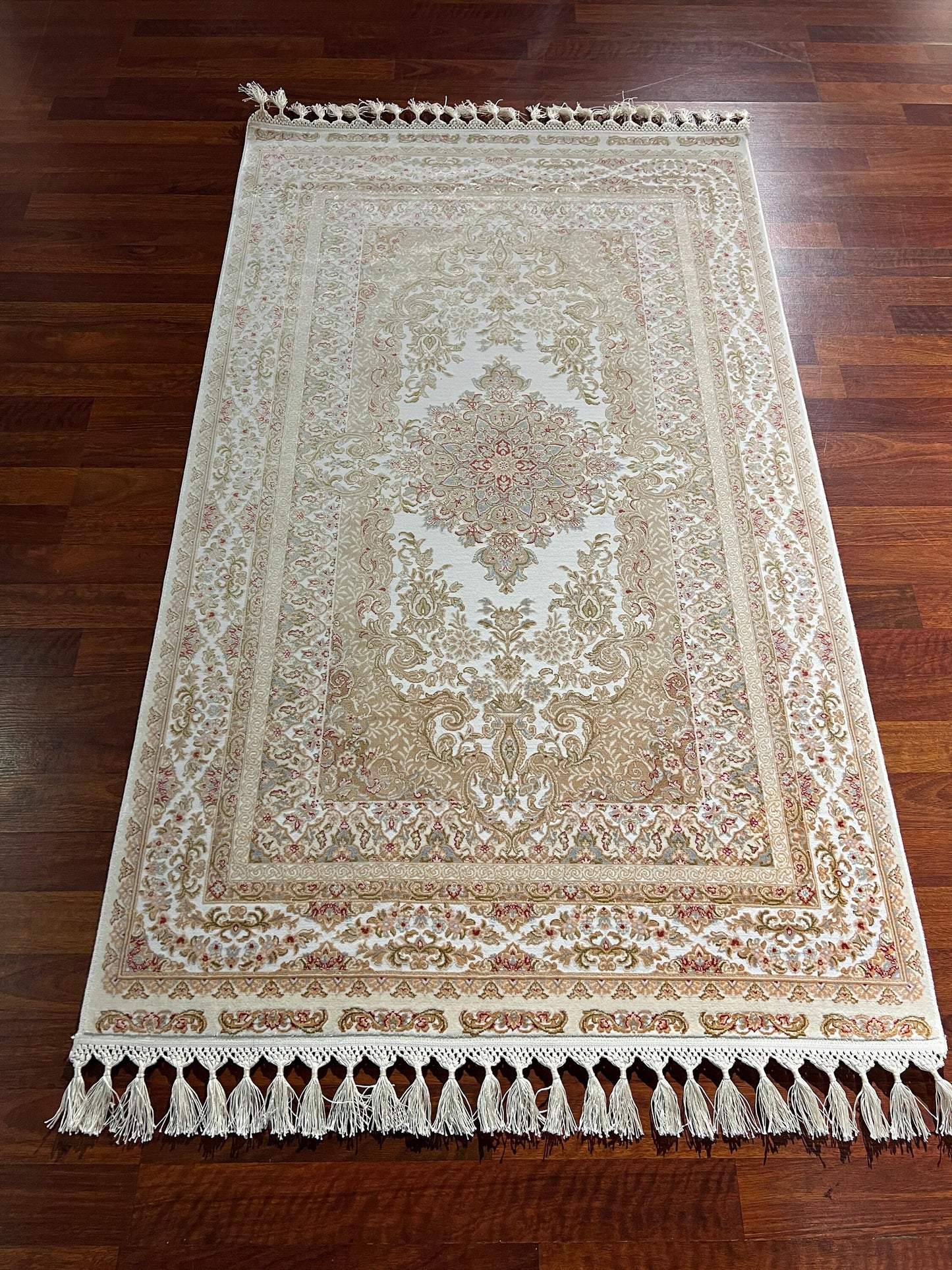 3x5 Beige Floral Silk Rug, Ivory Turkish Area Rug, Luxury Medallion Carpet