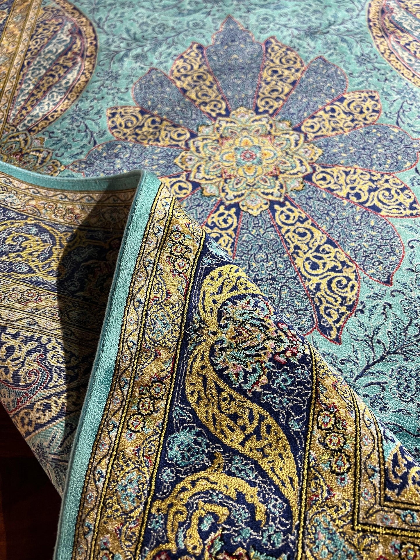 3x5 Turquoise Medallion Bamboo Silk Rug, Blue Turkish Floral Rug, Luxury Accent Carpet