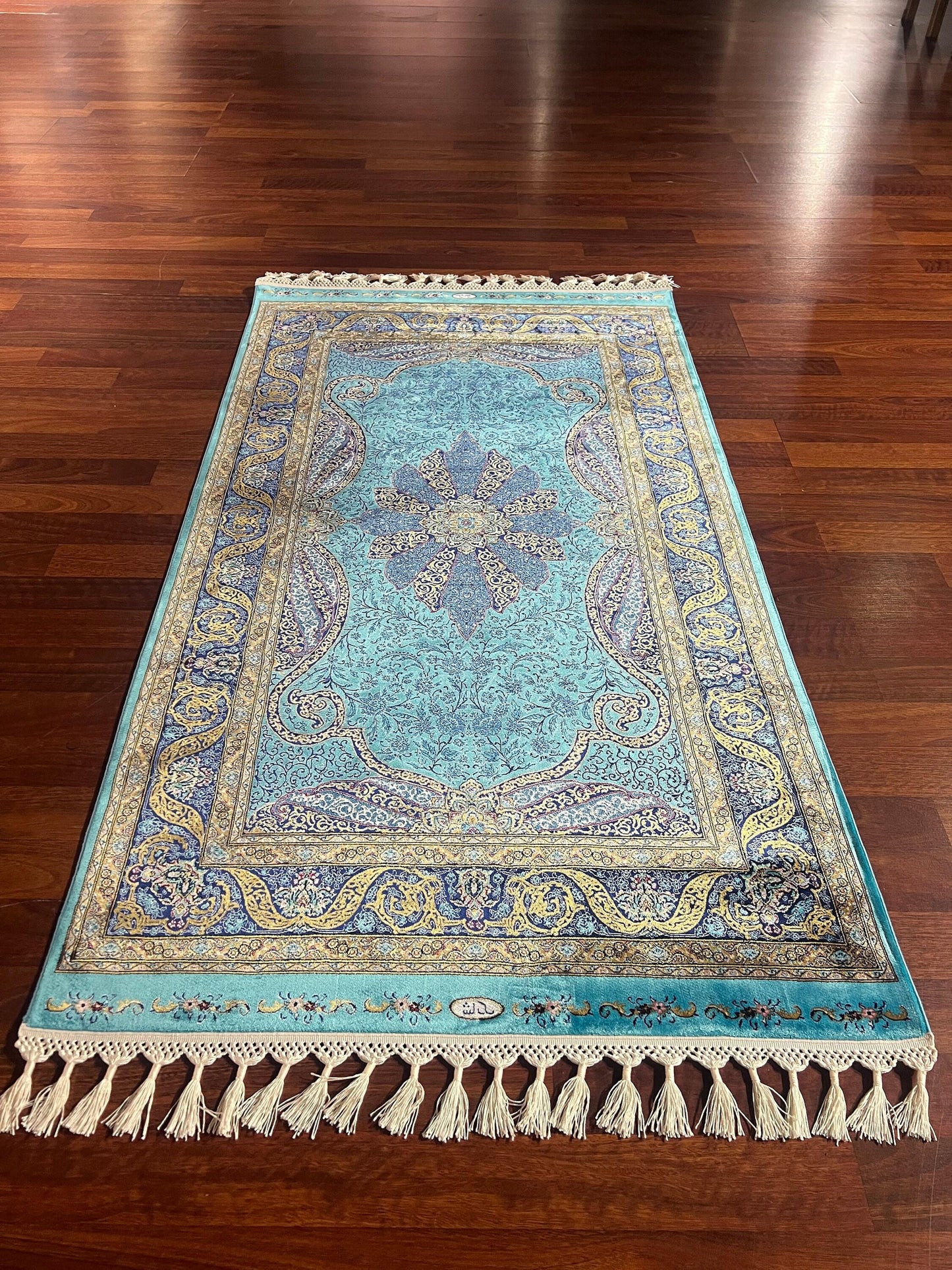3x5 Turquoise Medallion Bamboo Silk Rug, Blue Turkish Floral Rug, Luxury Accent Carpet