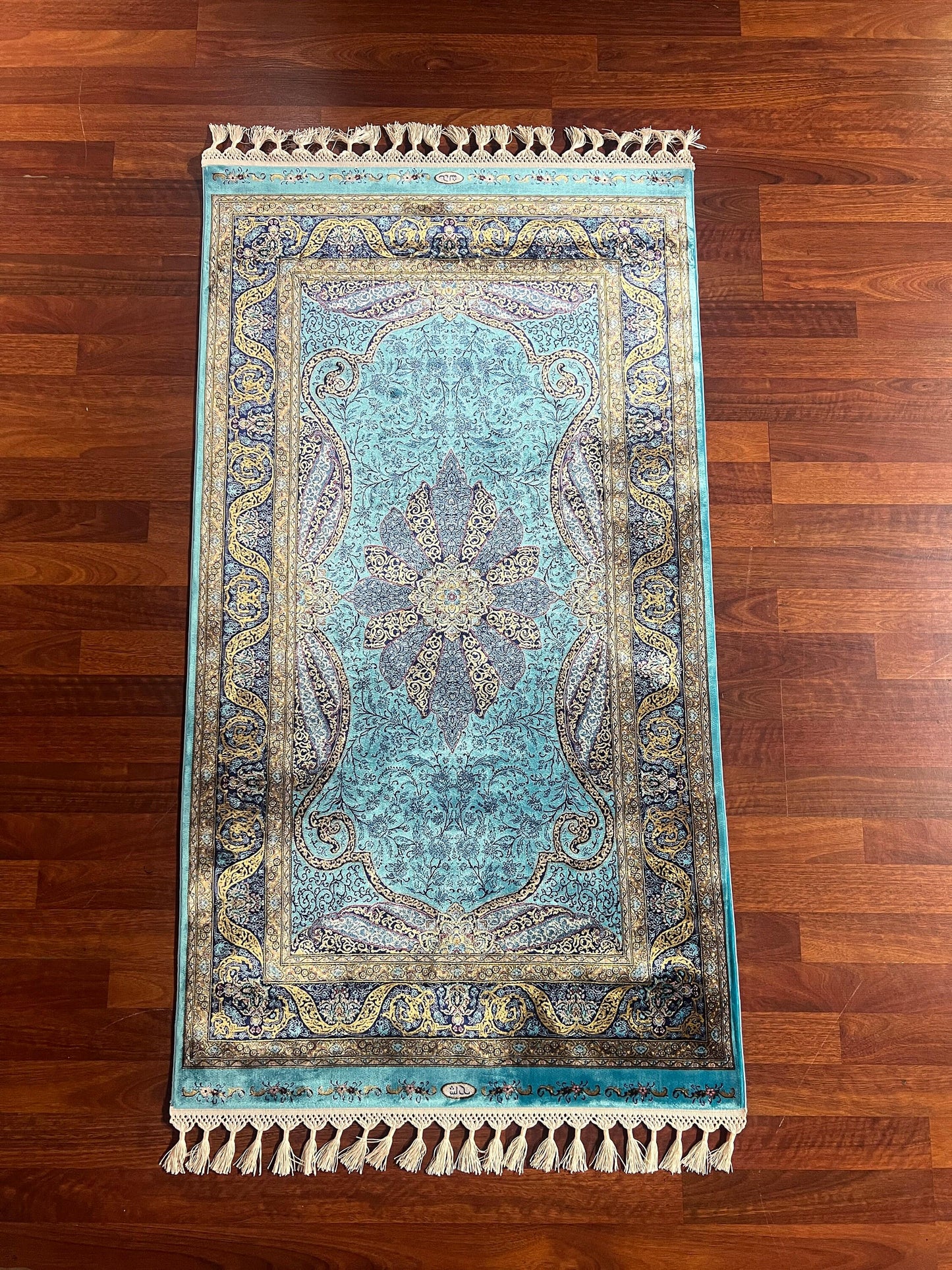 3x5 Turquoise Medallion Bamboo Silk Rug, Blue Turkish Floral Rug, Luxury Accent Carpet