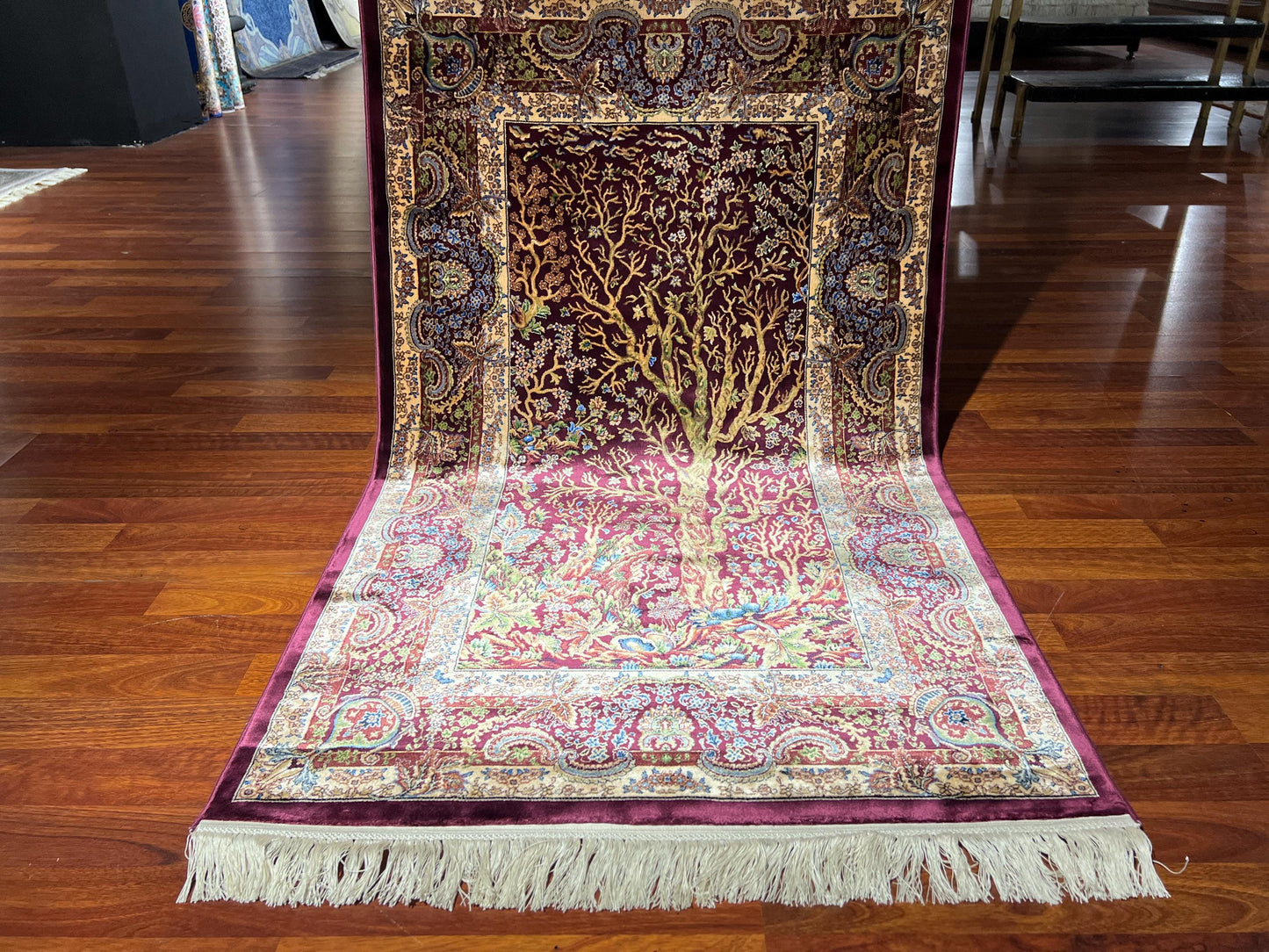 3x5 Burgundy Tree of Life Bamboo Silk Rug, Turkish Botanical Accent Rug