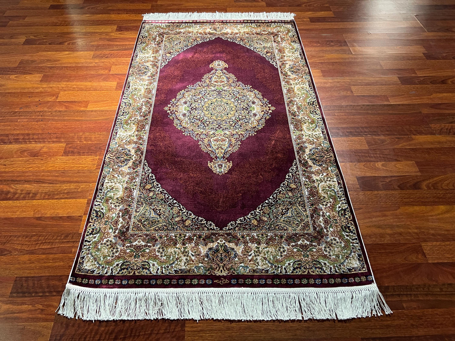 Red Gold Medallion Silk Rug, Turkish Bamboo Silk Rug, 3x5 Area Rug