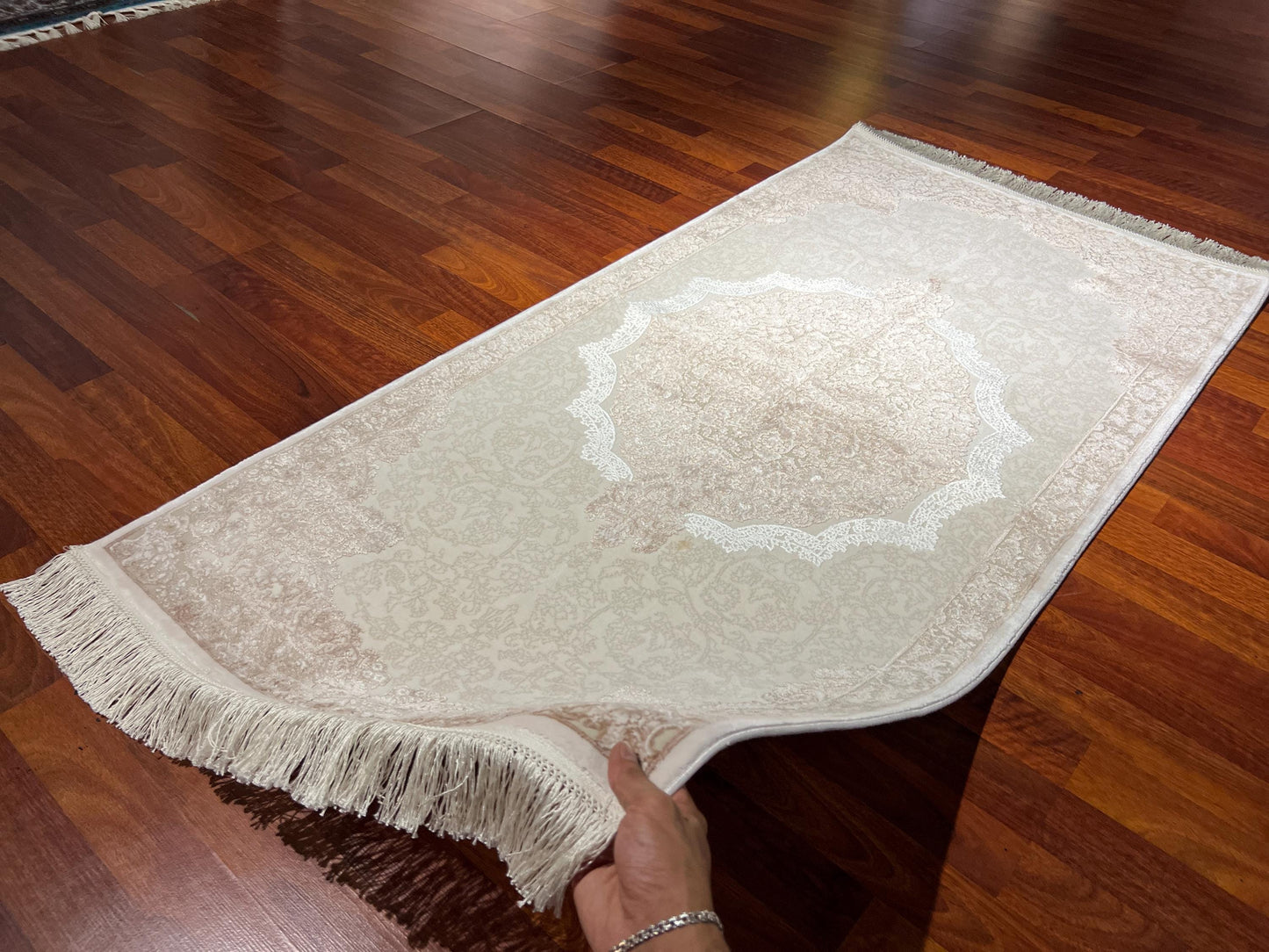 Beige Medallion Bamboo Rug, 3x5 Area Rug, Classic Turkish Decor Rug