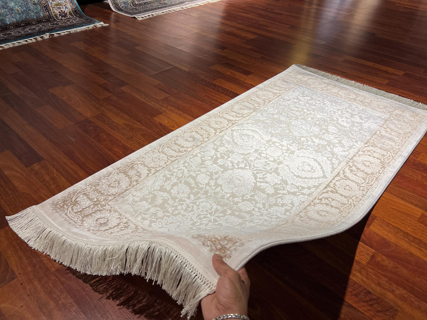 3x5ft Beige Brown Floral Runner Rug, Area Rug, Turkish Bamboo Rug