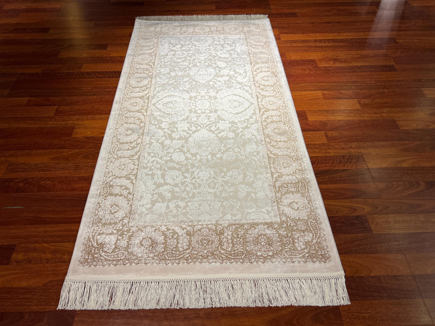 3x5ft Beige Brown Floral Runner Rug, Area Rug, Turkish Bamboo Rug