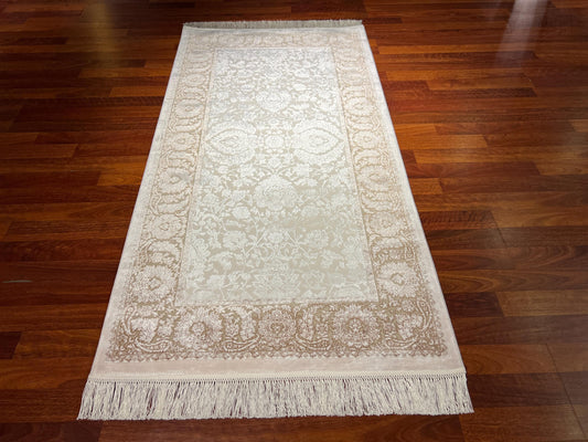 3x5ft Beige Brown Floral Runner Rug, Area Rug, Turkish Bamboo Rug