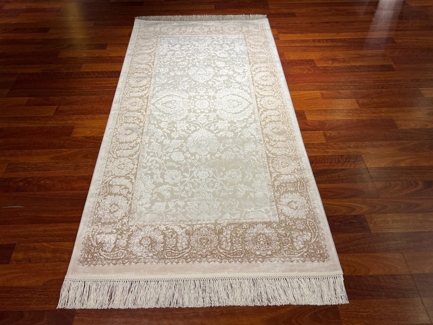 3x5ft Beige Brown Floral Runner Rug, Area Rug, Turkish Bamboo Rug