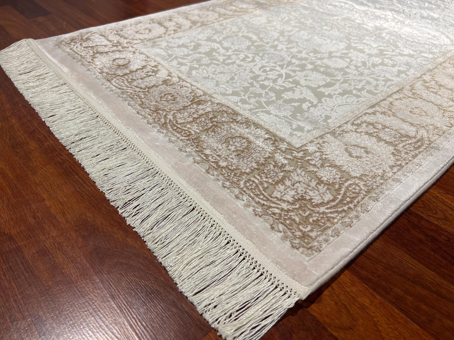 3x5ft Beige Brown Floral Runner Rug, Area Rug, Turkish Bamboo Rug