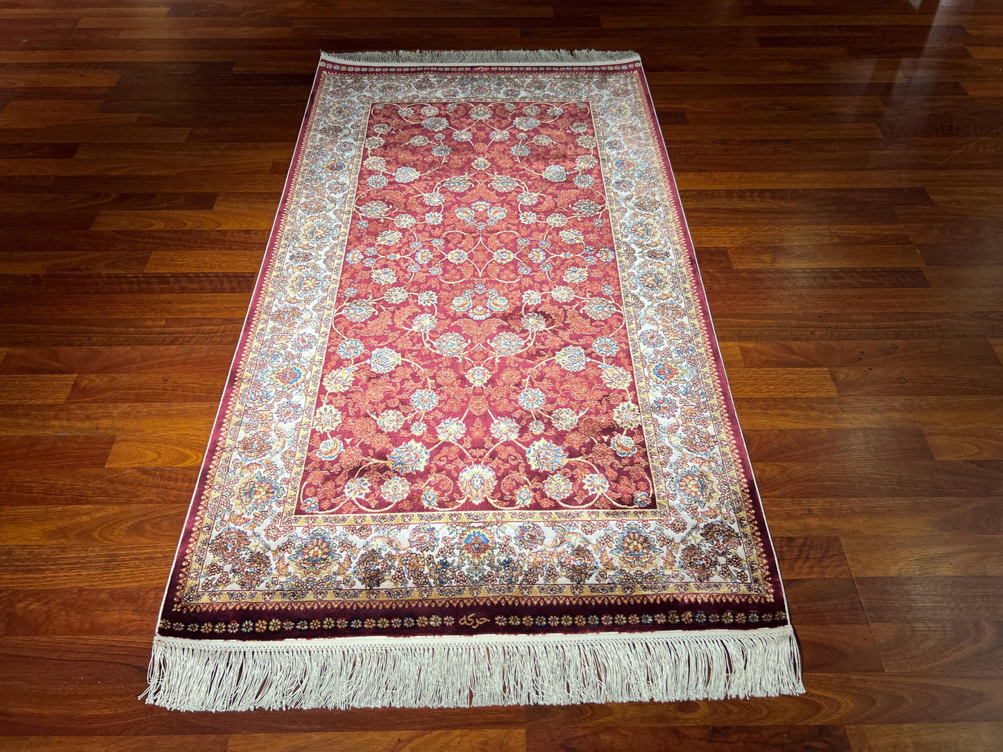 Red Floral Silk Rug, 3x5 Area Rug, Turkish Bamboo Silk Runner Rug
