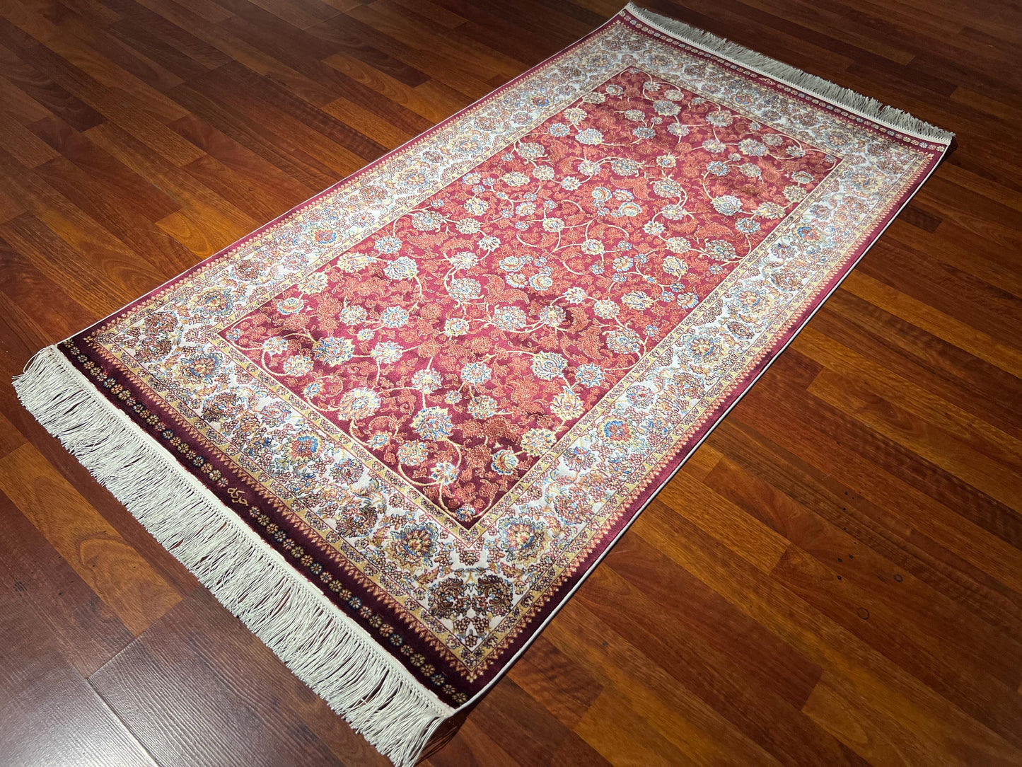 Red Floral Silk Rug, 3x5 Area Rug, Turkish Bamboo Silk Runner Rug