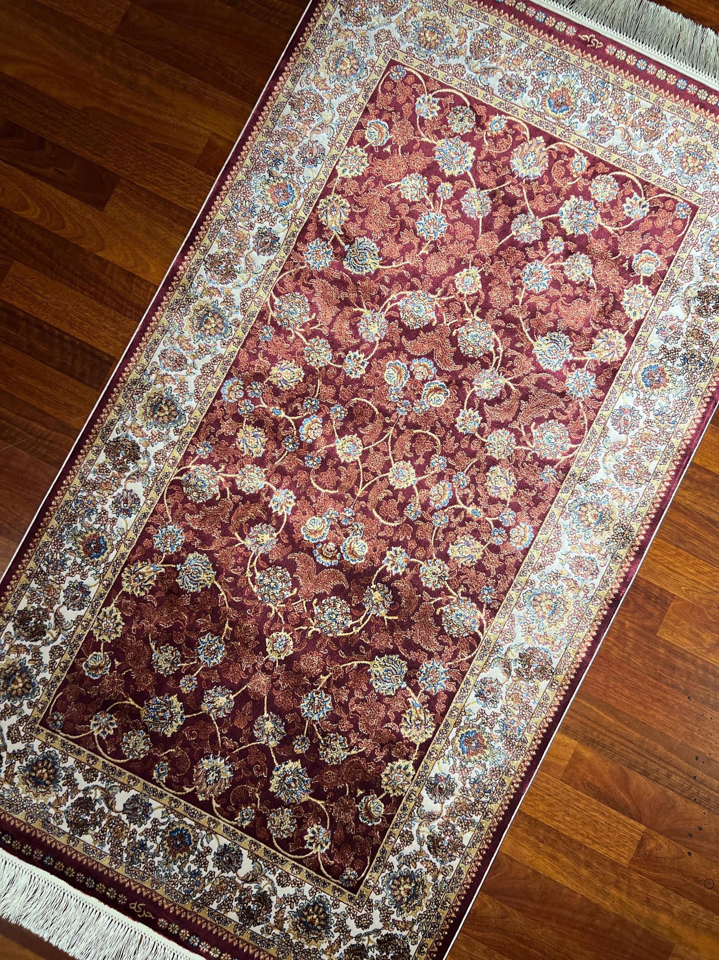 Red Floral Silk Rug, 3x5 Area Rug, Turkish Bamboo Silk Runner Rug