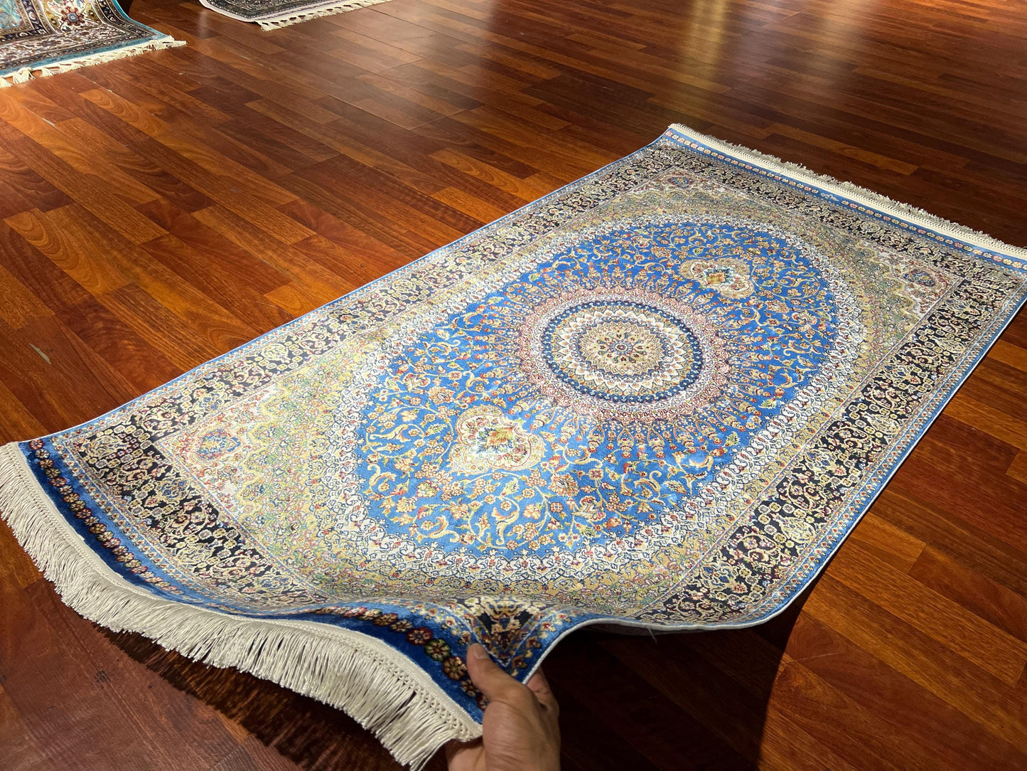 Blue Gold Medallion Silk Rug, 3x5 Area Rug, Turkish Bamboo Silk Runner