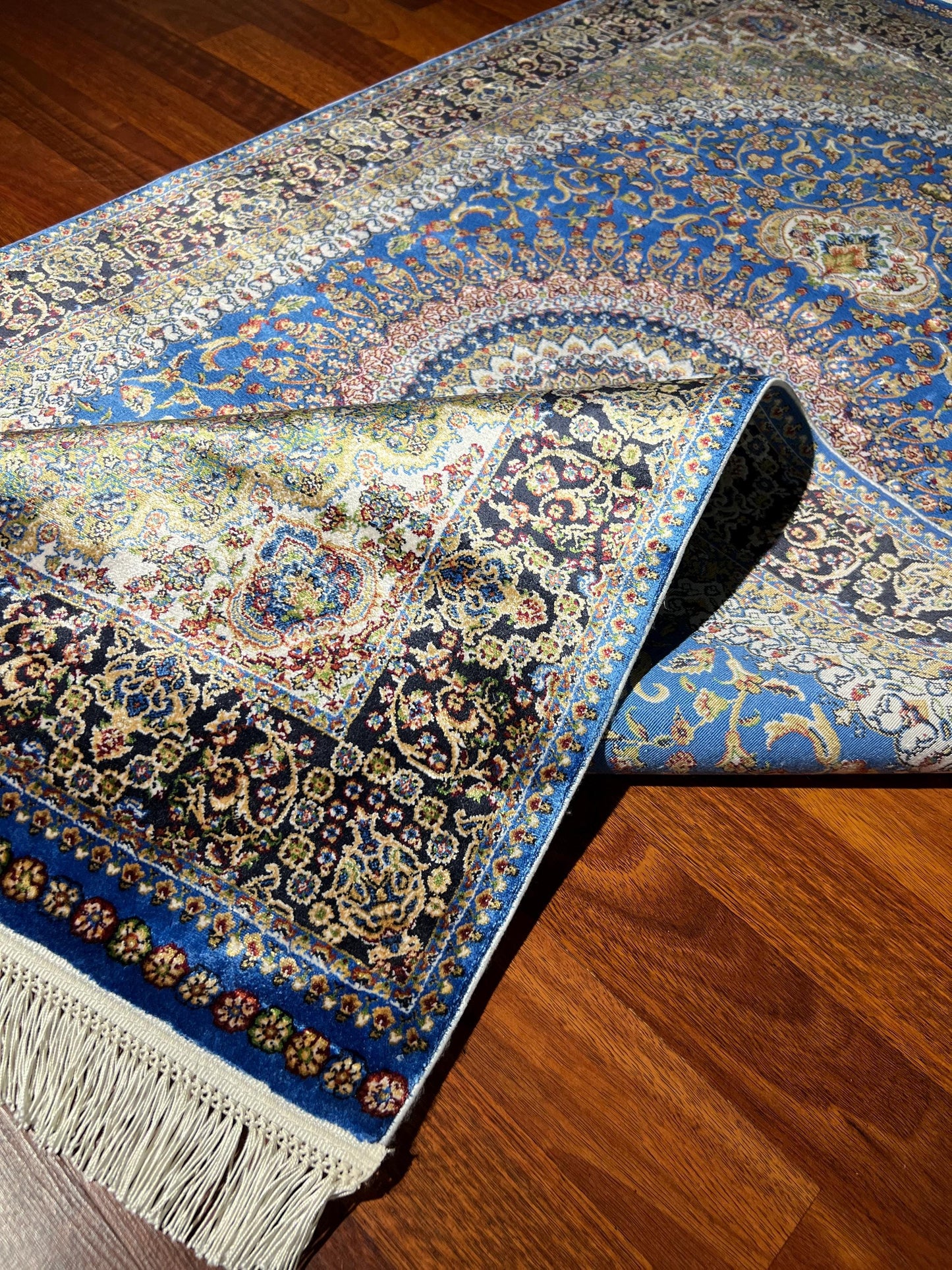 Blue Gold Medallion Silk Rug, 3x5 Area Rug, Turkish Bamboo Silk Runner