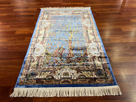 3x5ft Blue Tree of Life Silk Rug, 3x5 Area Rug, Turkish Bamboo Silk Rug