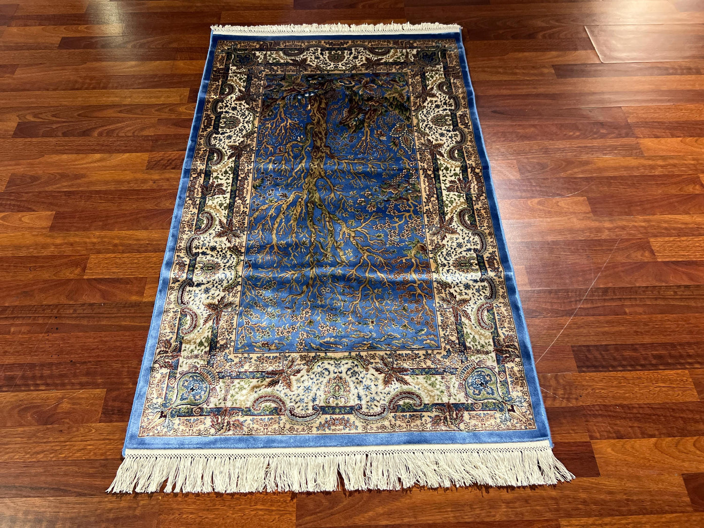 3x5ft Blue Tree of Life Silk Rug, 3x5 Area Rug, Turkish Bamboo Silk Rug