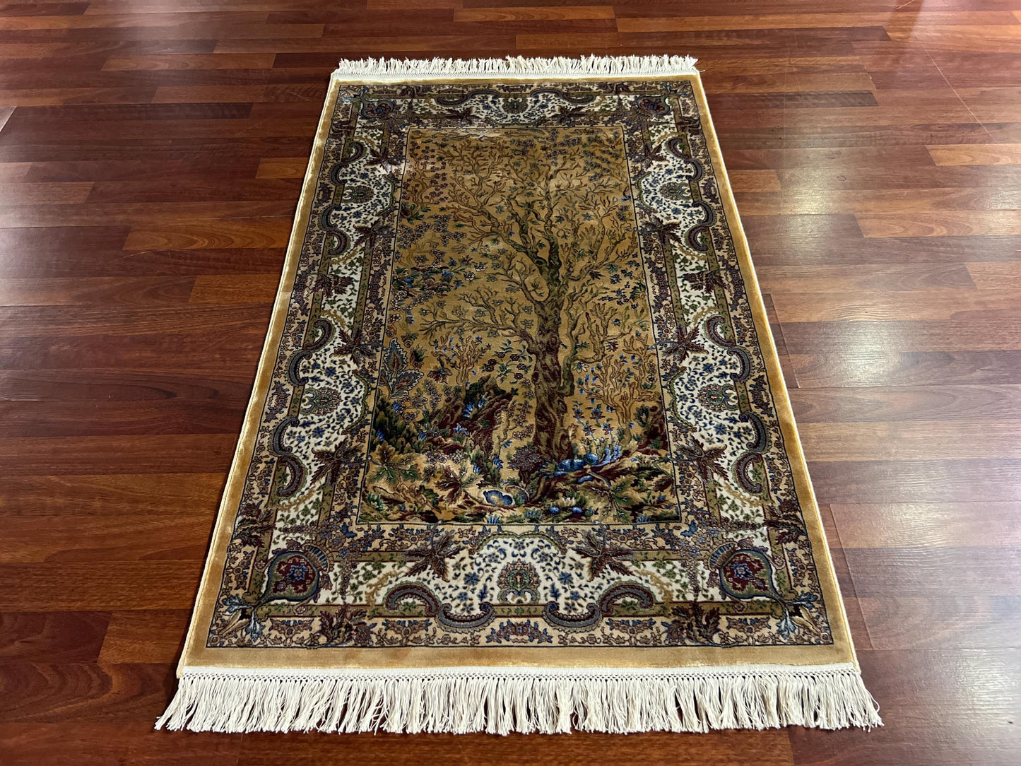 3x5 ft Tree of Life Silk Runner Rug, 3x5 Area Rug, Beige Bamboo Silk Rug