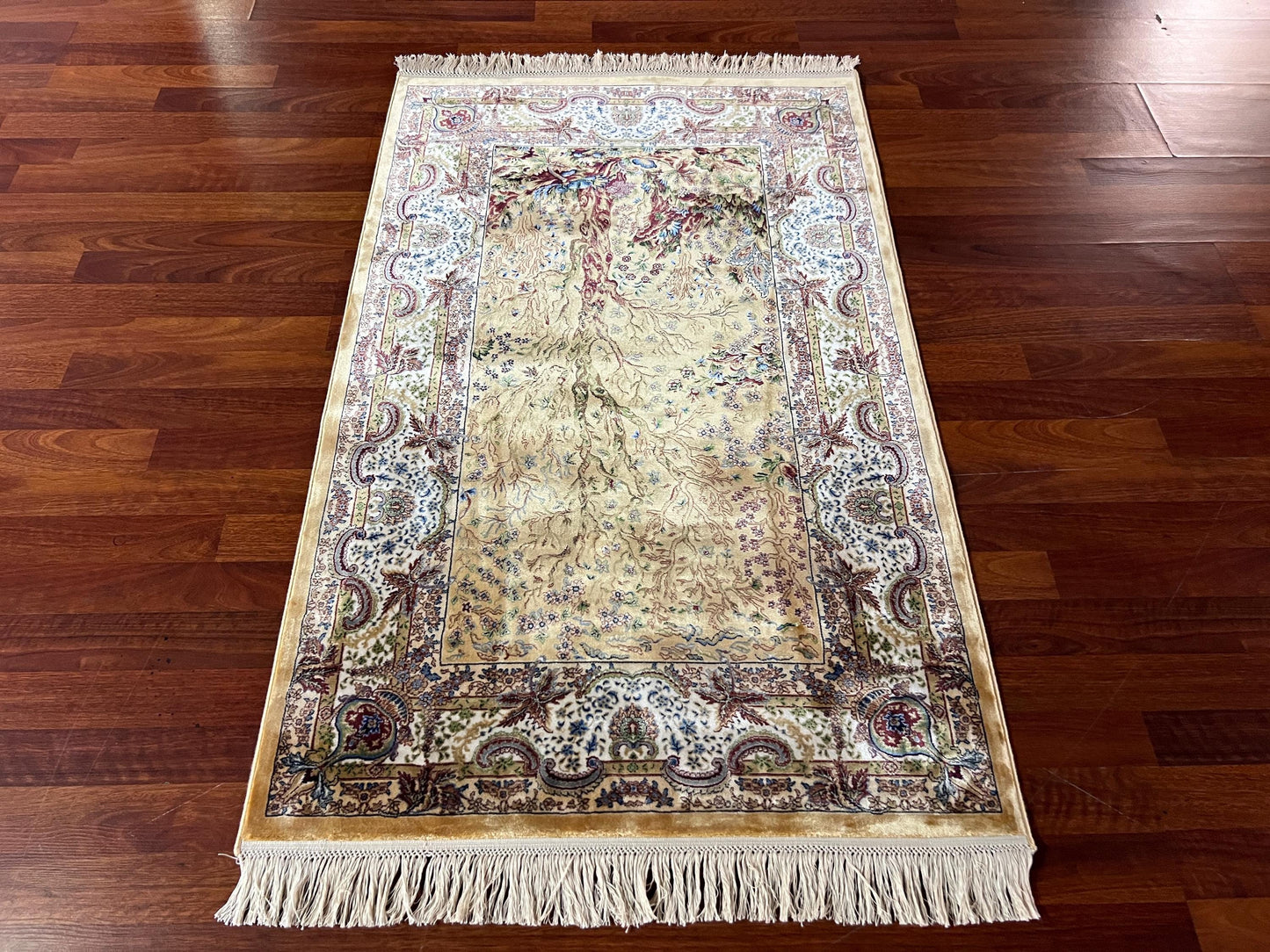 3x5 ft Tree of Life Silk Runner Rug, 3x5 Area Rug, Beige Bamboo Silk Rug