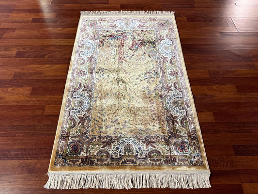 3x5 ft Tree of Life Silk Runner Rug, 3x5 Area Rug, Beige Bamboo Silk Rug