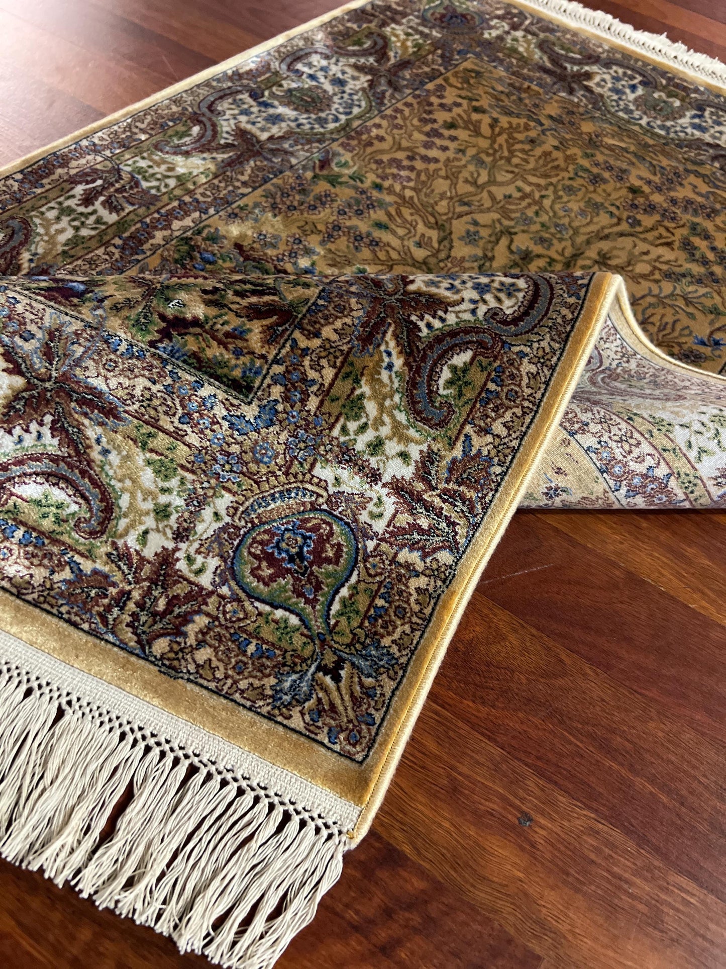 3x5 ft Tree of Life Silk Runner Rug, 3x5 Area Rug, Beige Bamboo Silk Rug