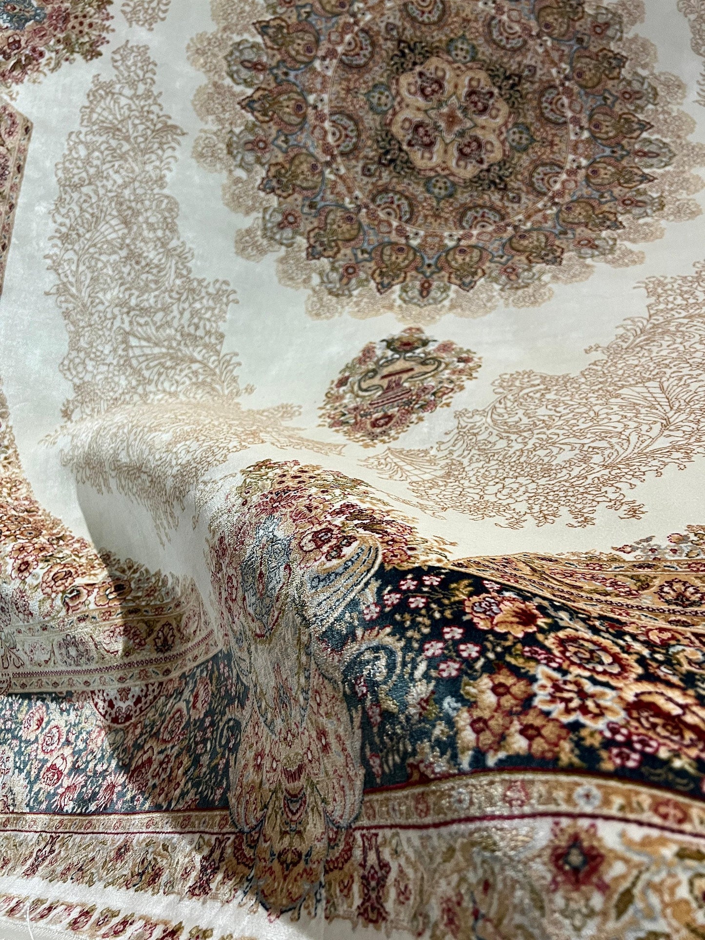 5x8 Cream Blue Rug, Modal Silk Area Rug, Classic Floral Rug, Luxury Living Room Carpet
