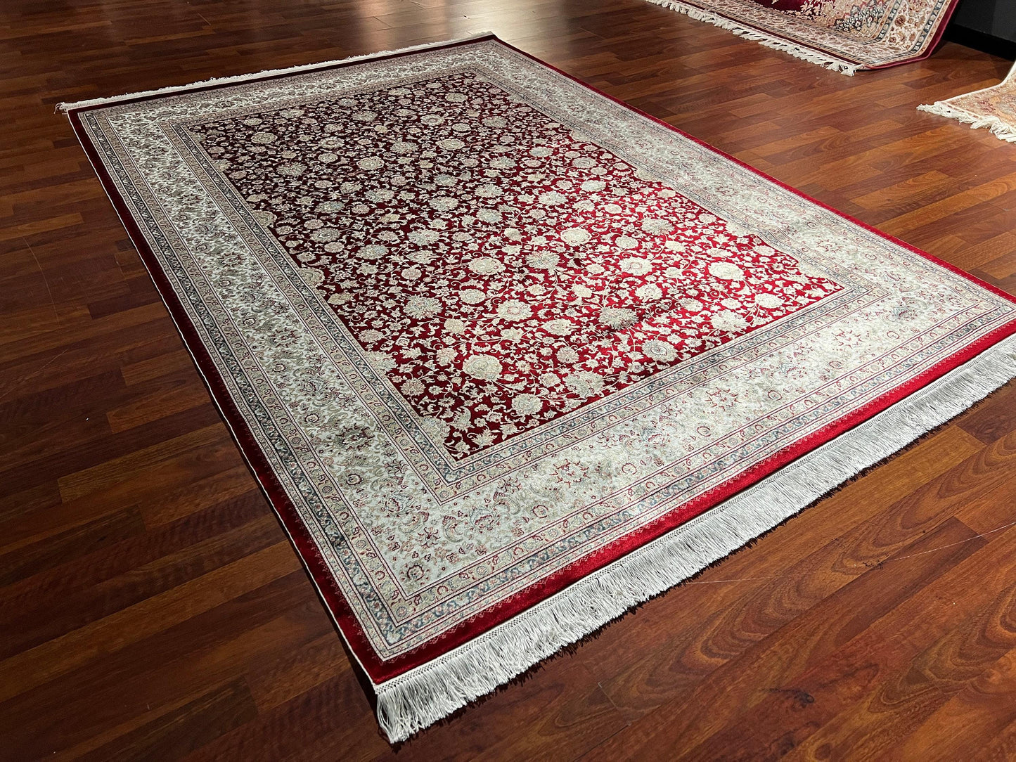 5x8 Red Beige Silk Rug, Floral Area Rug, Modal Silk Living Room Carpet, Classic Home Decor