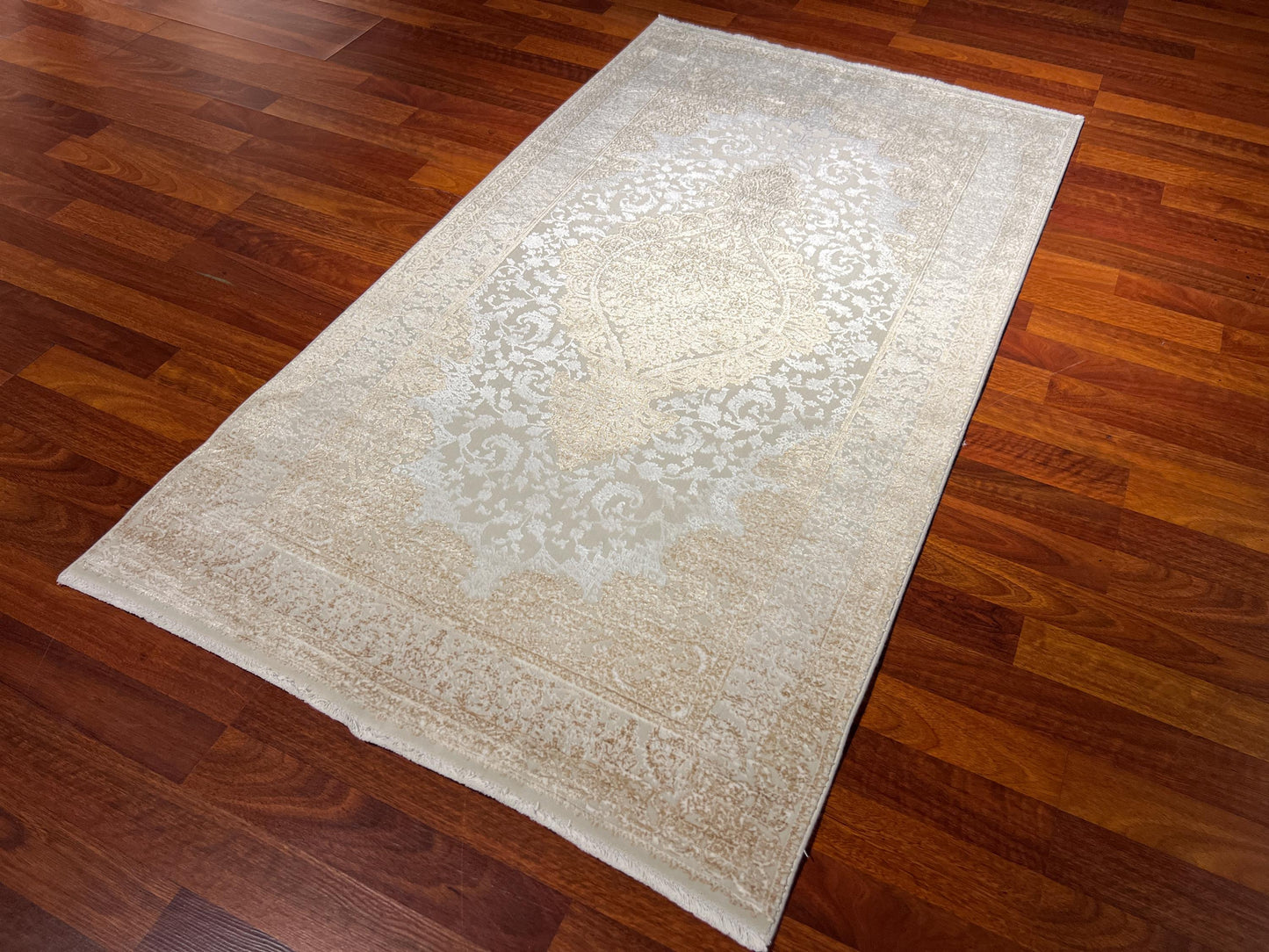 Beige Gold Medallion Runner Rug, 3x5 Area Rug, Luxury Silk Runner Rug