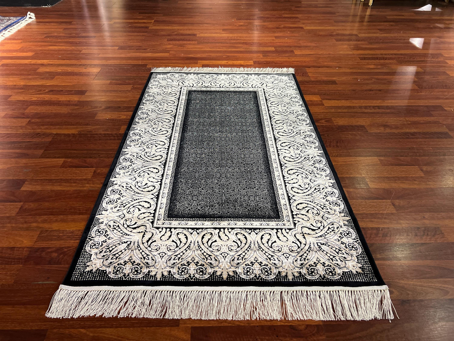 Black Ivory Baroque Runner Rug, 3x5 Area Rug, Turkish Bamboo Silk Rug