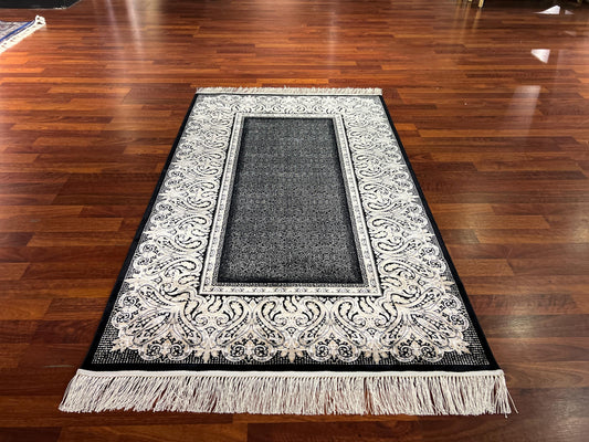Black Ivory Baroque Runner Rug, 3x5 Area Rug, Turkish Bamboo Silk Rug