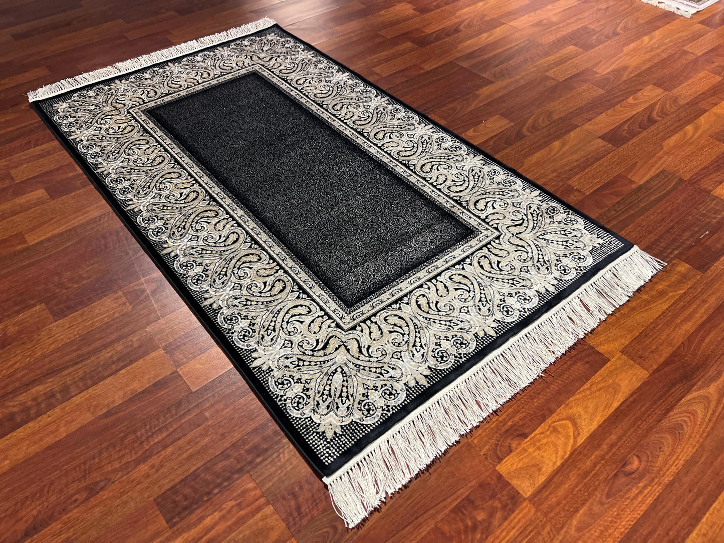 Black Ivory Baroque Runner Rug, 3x5 Area Rug, Turkish Bamboo Silk Rug
