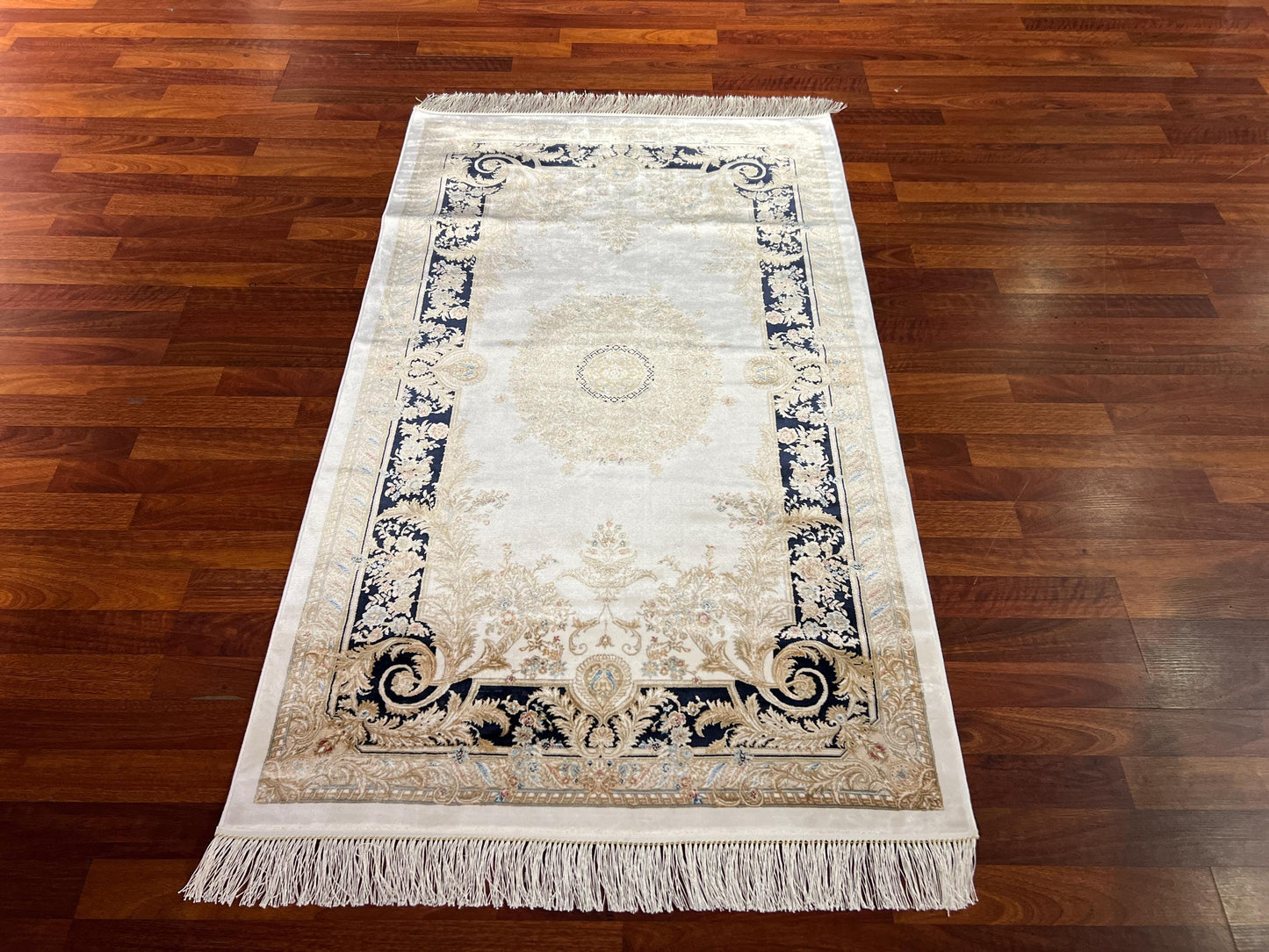 Gold Navy Baroque Runner Rug, 3x5 Area Rug, Turkish Bamboo Silk Rug