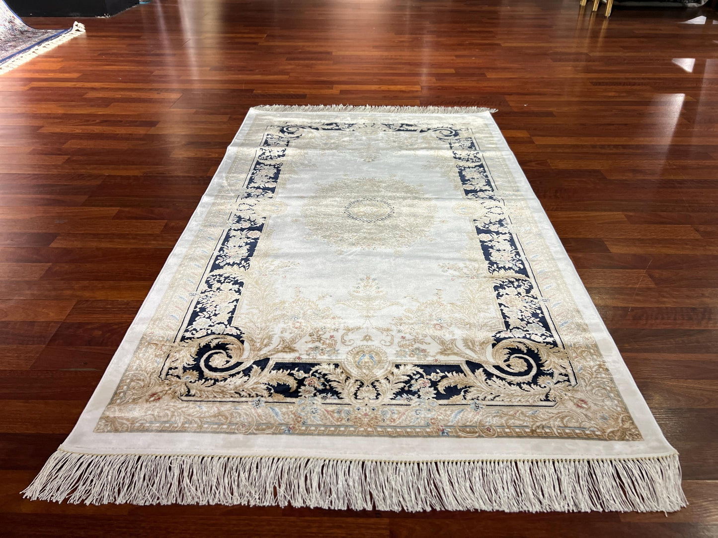 Gold Navy Baroque Runner Rug, 3x5 Area Rug, Turkish Bamboo Silk Rug