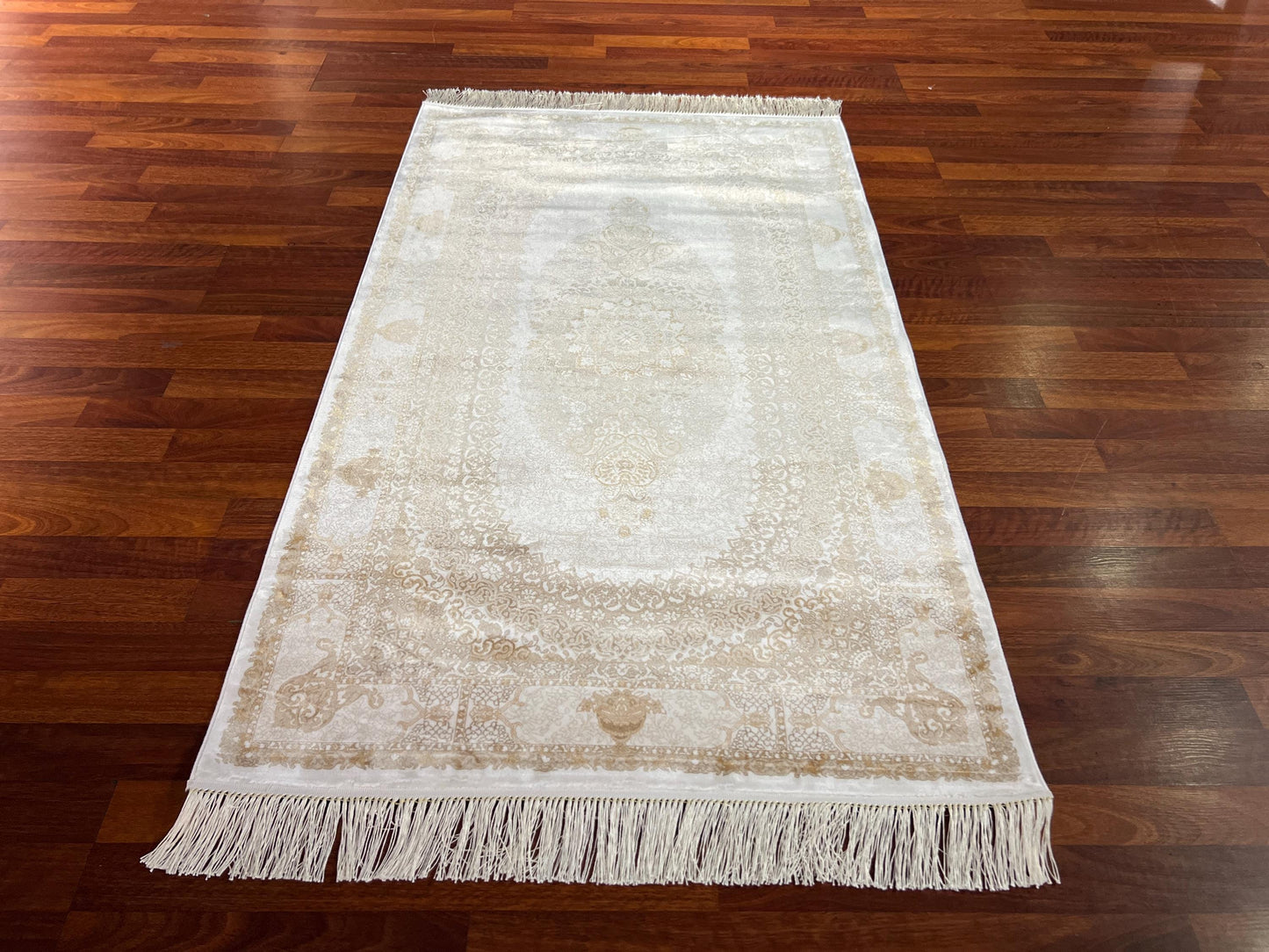 Beige Gold Medallion Silk Rug, 3x5 Area Rug, Turkish Bamboo Silk Rug