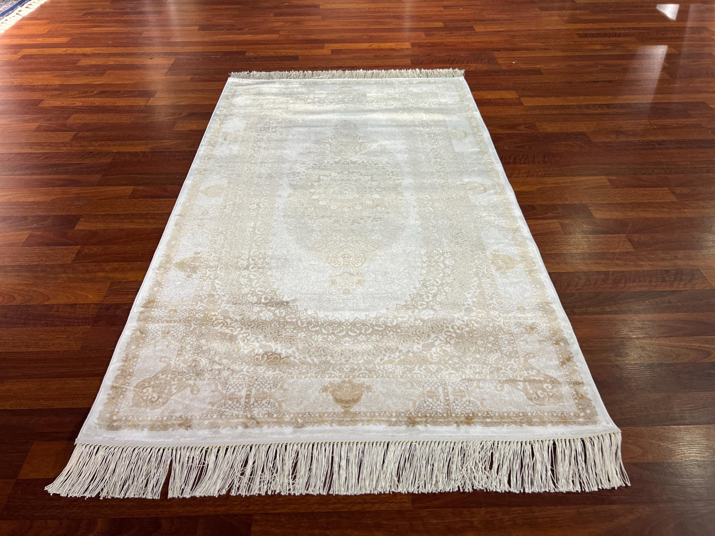 Beige Gold Medallion Silk Rug, 3x5 Area Rug, Turkish Bamboo Silk Rug