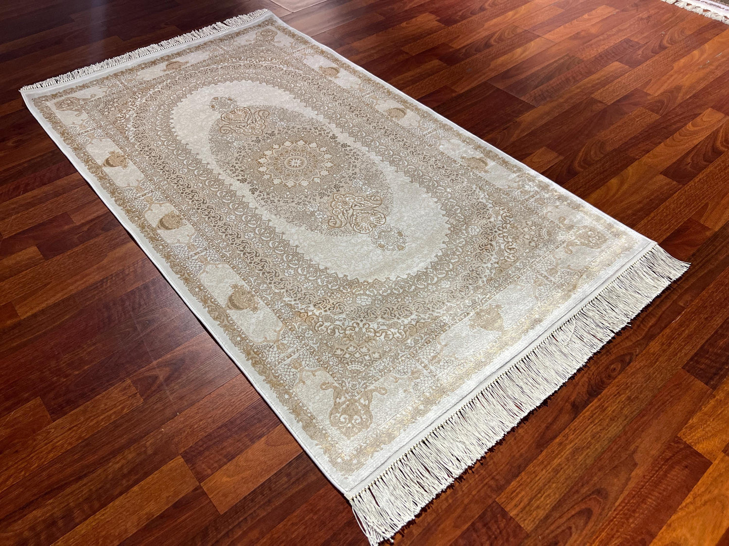 Beige Gold Medallion Silk Rug, 3x5 Area Rug, Turkish Bamboo Silk Rug