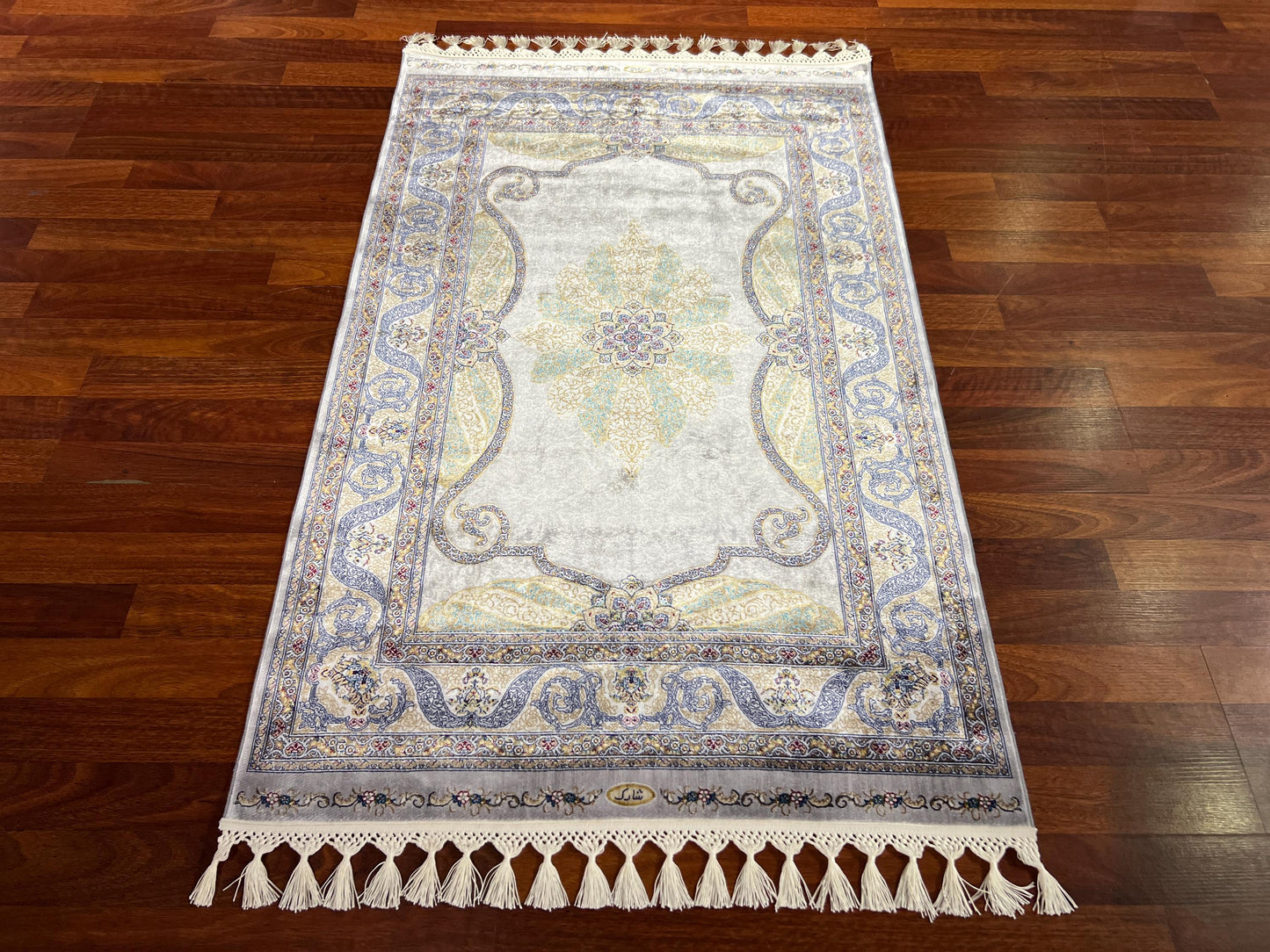 Blue Ivory Floral Silk Rug, 3x5 Area Rug, Turkish Bamboo Silk Rug