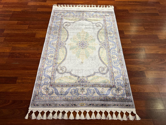 Blue Ivory Floral Silk Rug, 3x5 Area Rug, Turkish Bamboo Silk Rug