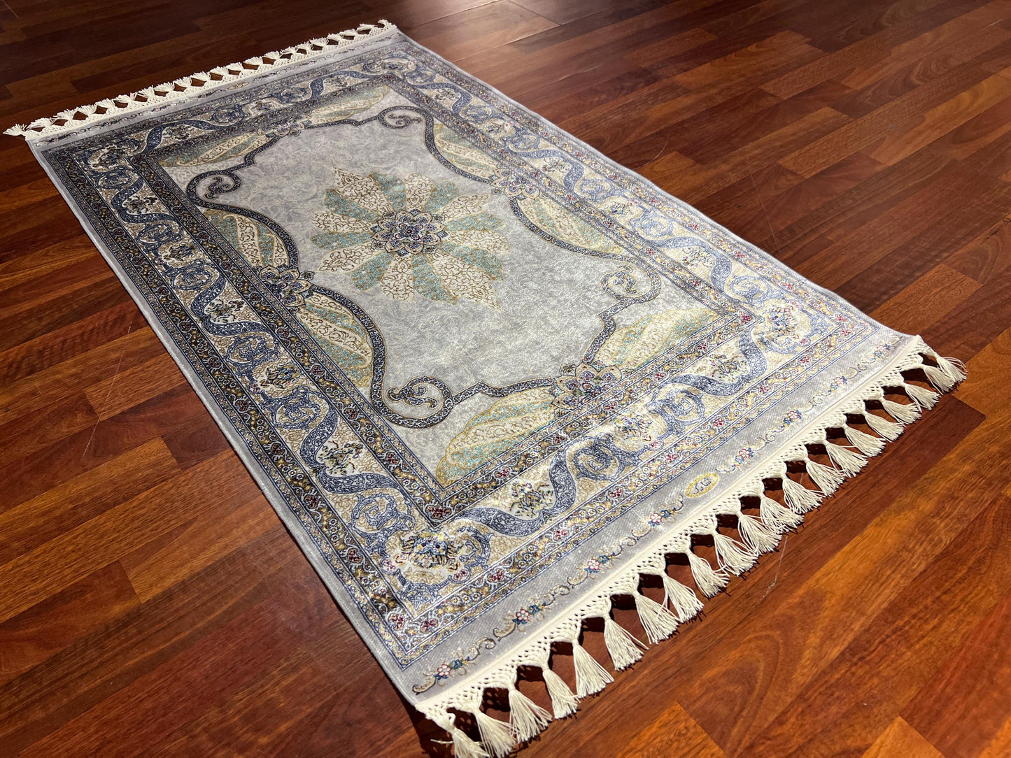 Blue Ivory Floral Silk Rug, 3x5 Area Rug, Turkish Bamboo Silk Rug