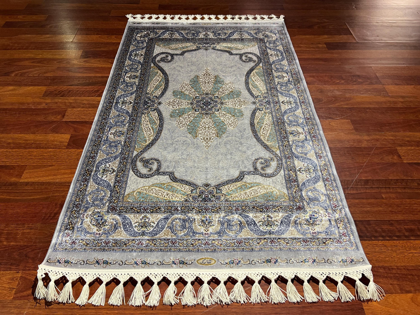 Blue Ivory Floral Silk Rug, 3x5 Area Rug, Turkish Bamboo Silk Rug