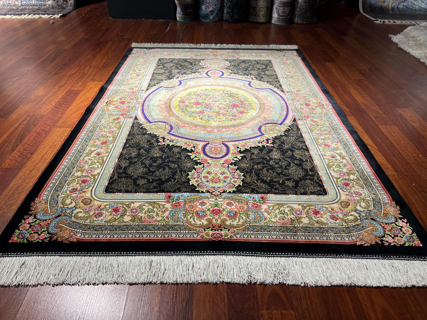 Black Gold Floral Medallion Silk Rug, 3x5 Area Rug, Turkish Modal Silk Rug