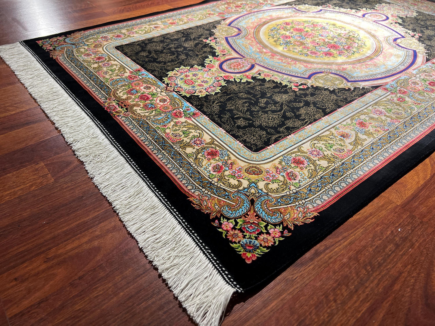 Black Gold Floral Medallion Silk Rug, 3x5 Area Rug, Turkish Modal Silk Rug
