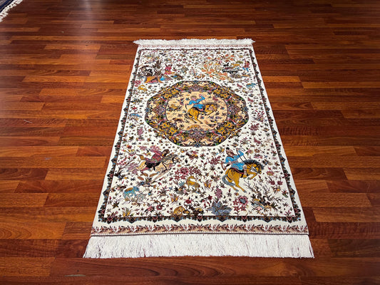 3x5ft Hunting Scene Silk Rug, 3x5 Area Rug, Turkish Modal Silk Rug