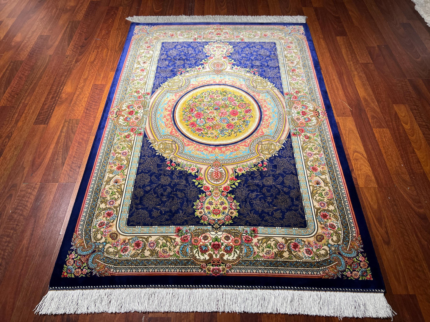 Blue Floral Medallion Silk Rug, 3x5 Area Rug, Turkish Modal Silk Rug