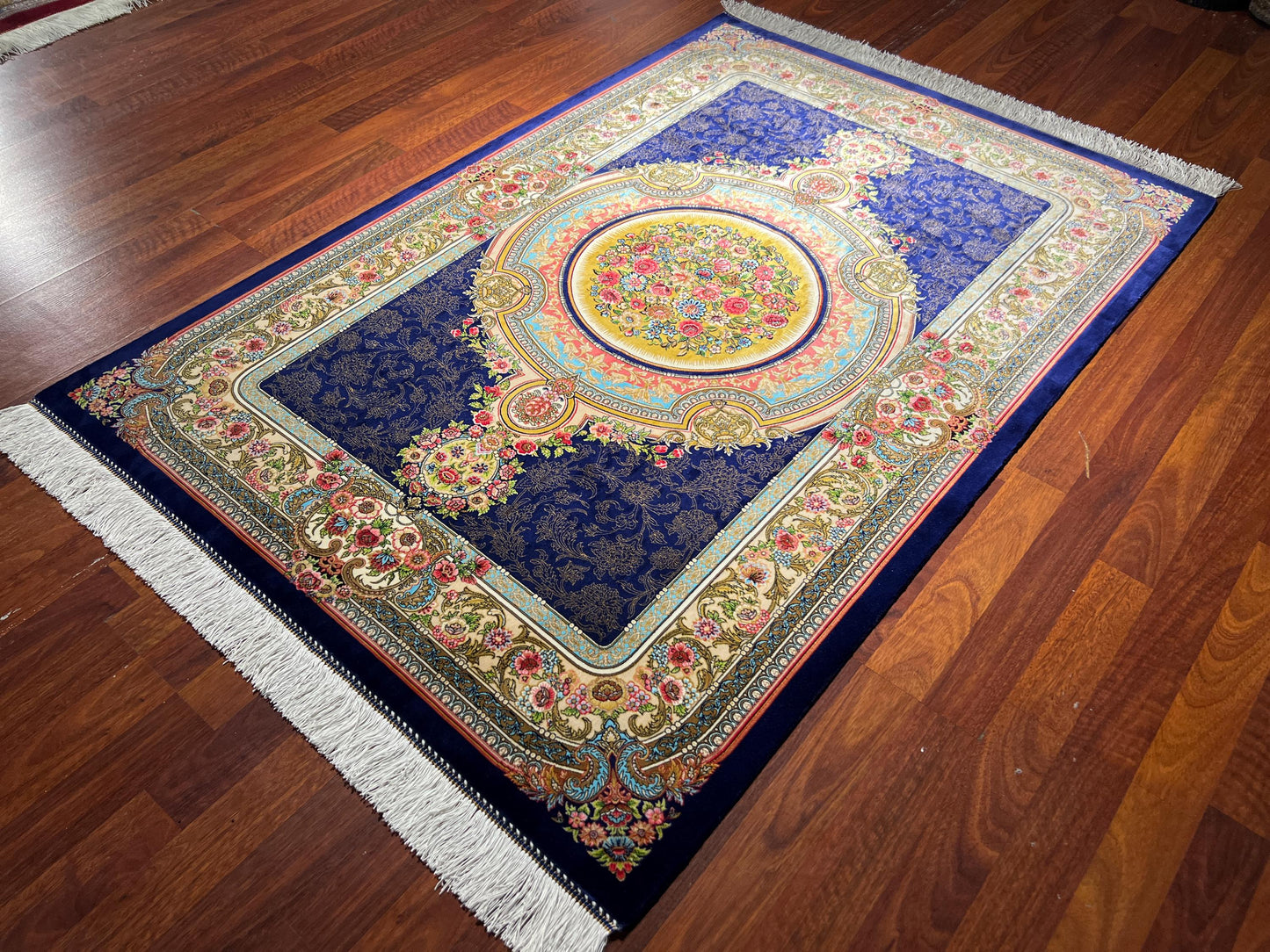 Blue Floral Medallion Silk Rug, 3x5 Area Rug, Turkish Modal Silk Rug