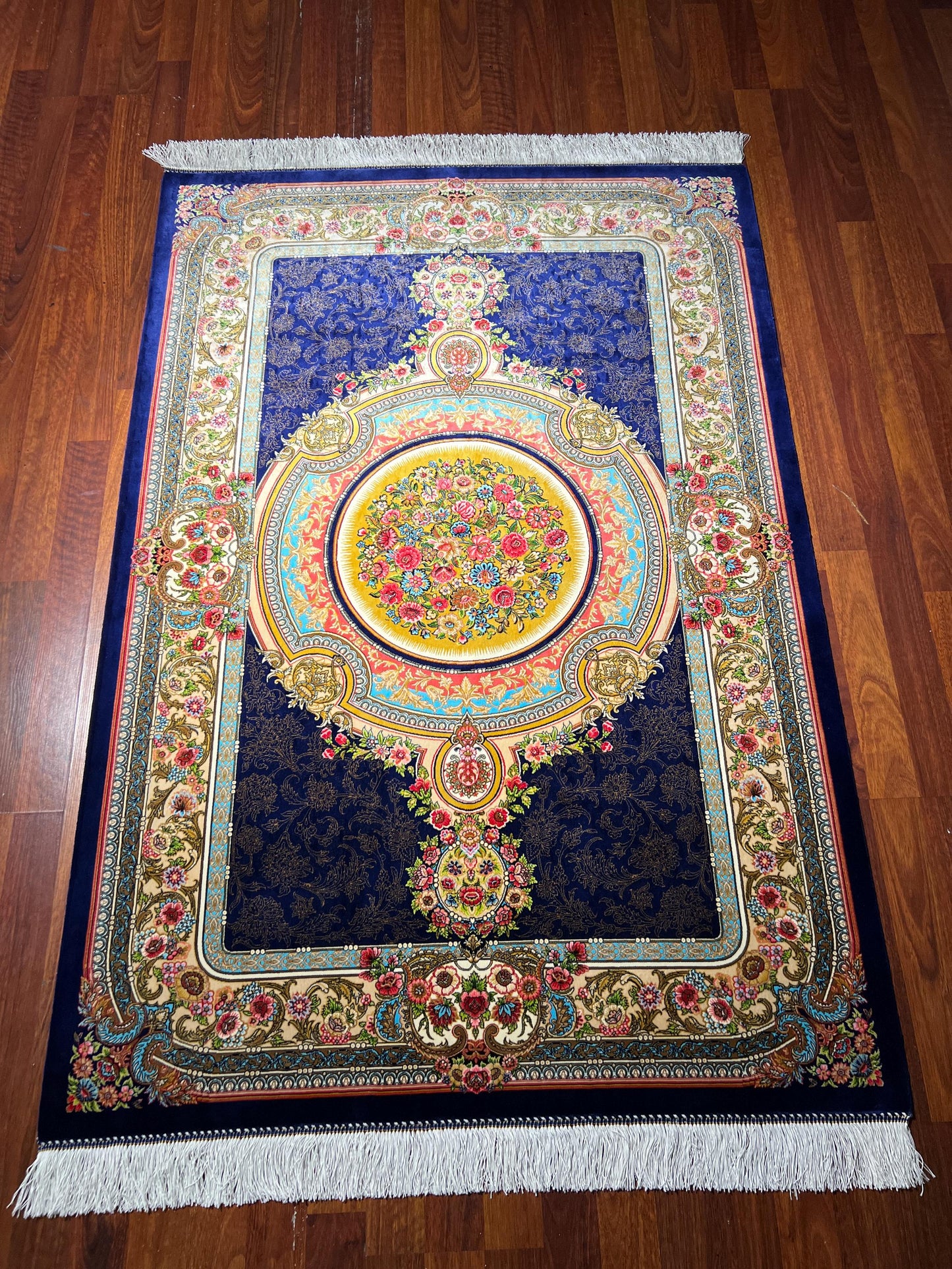 Blue Floral Medallion Silk Rug, 3x5 Area Rug, Turkish Modal Silk Rug