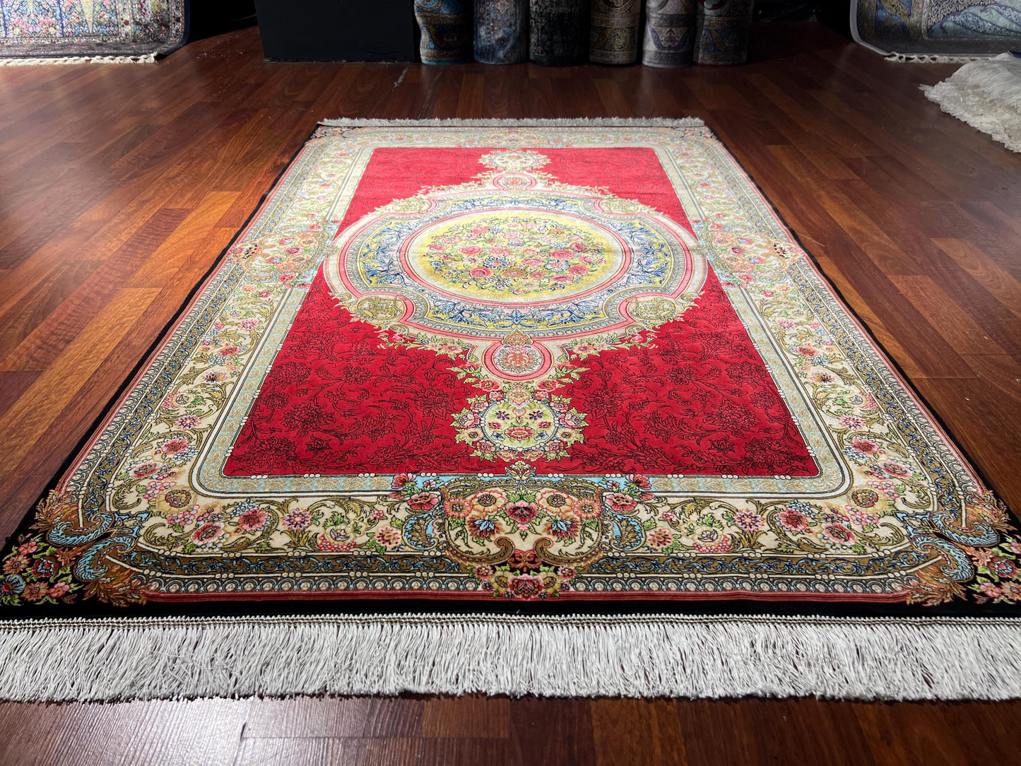 Red Floral Medallion Silk Rug, 3x5 Area Rug, Turkish Modal Silk Rug