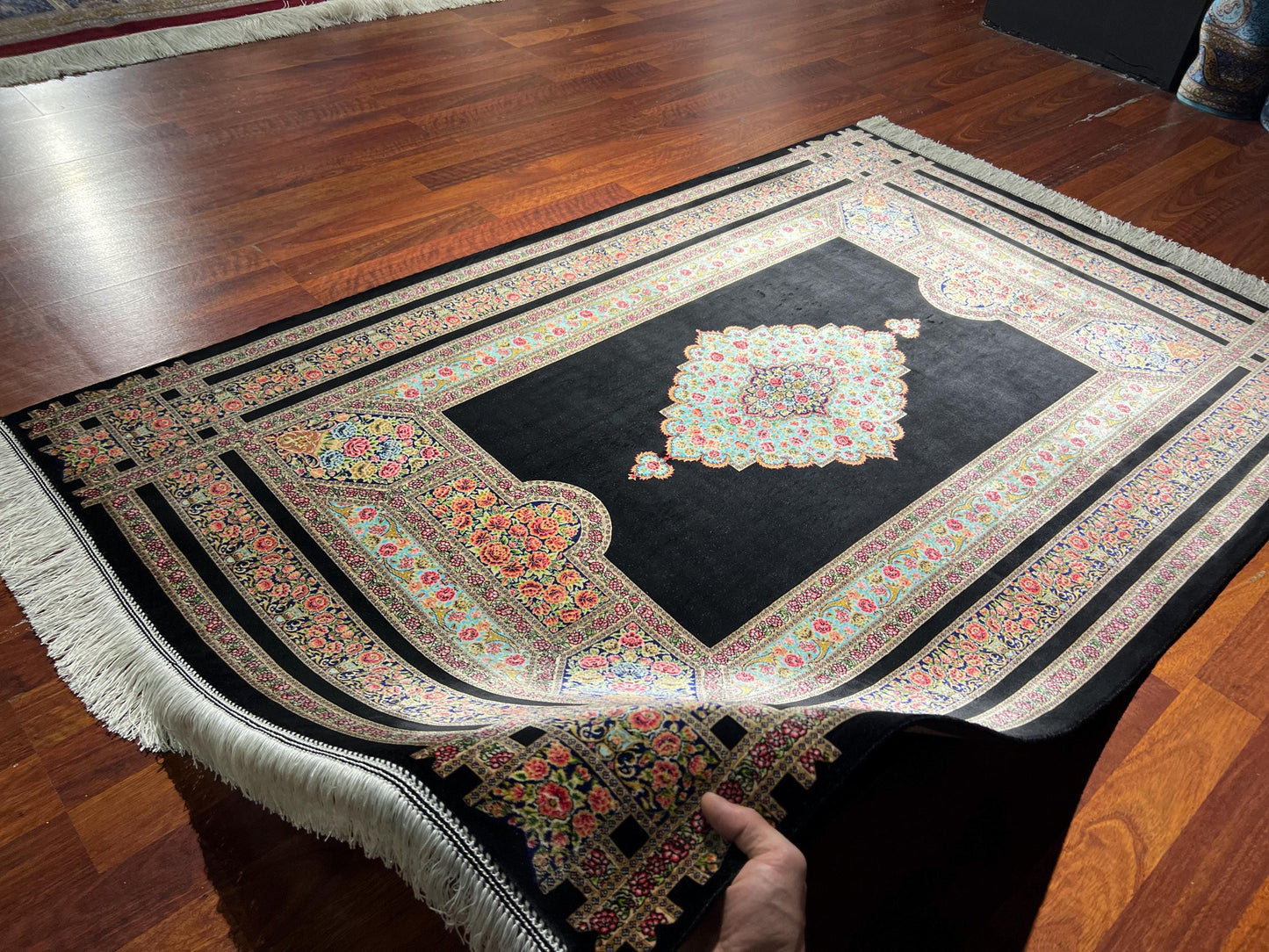 Black Floral Medallion Silk Rug, 3x5 Area Rug, Turkish Modal Silk Rug