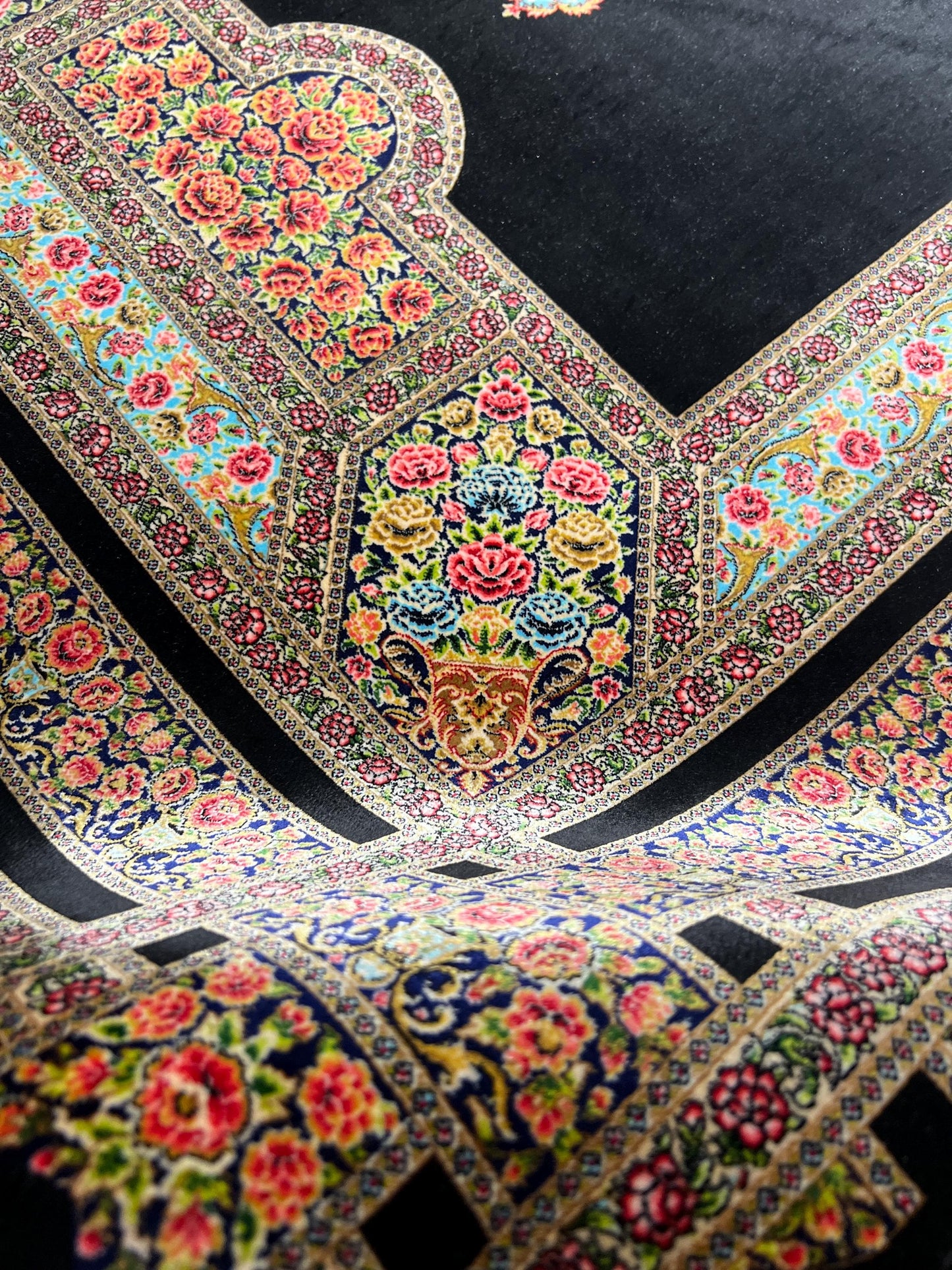 Black Floral Medallion Silk Rug, 3x5 Area Rug, Turkish Modal Silk Rug